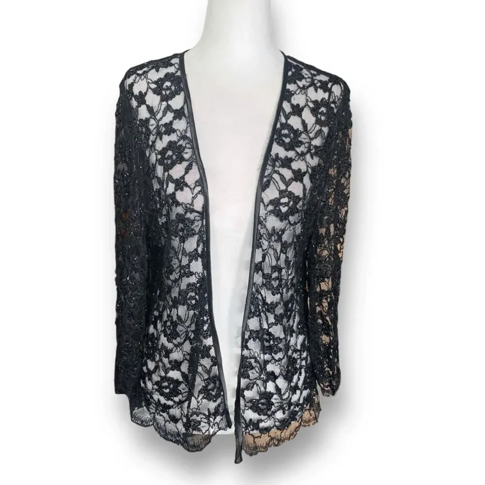 Vintage Laurence Kazar Black Beaded Lace Sheer Open Front Evening Jacket Romance
